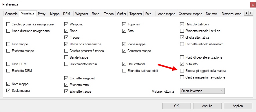impostazione preferenze blocca oggetti